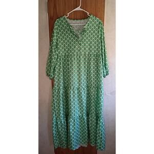 Boho Green White Caftan Maxi Dress L-XL Ruffle Tiered Mumu Cottagecore Lounge